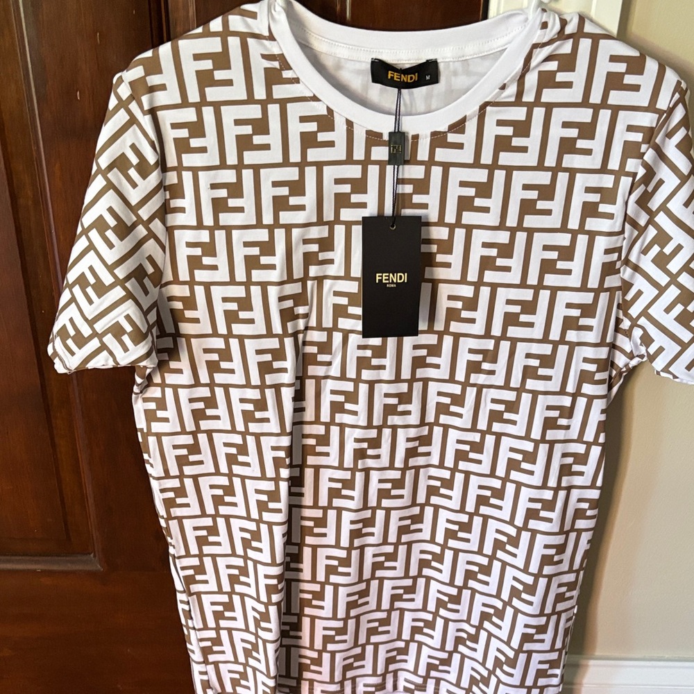 Fendi Men's White and Brown Patterned Tee NWT